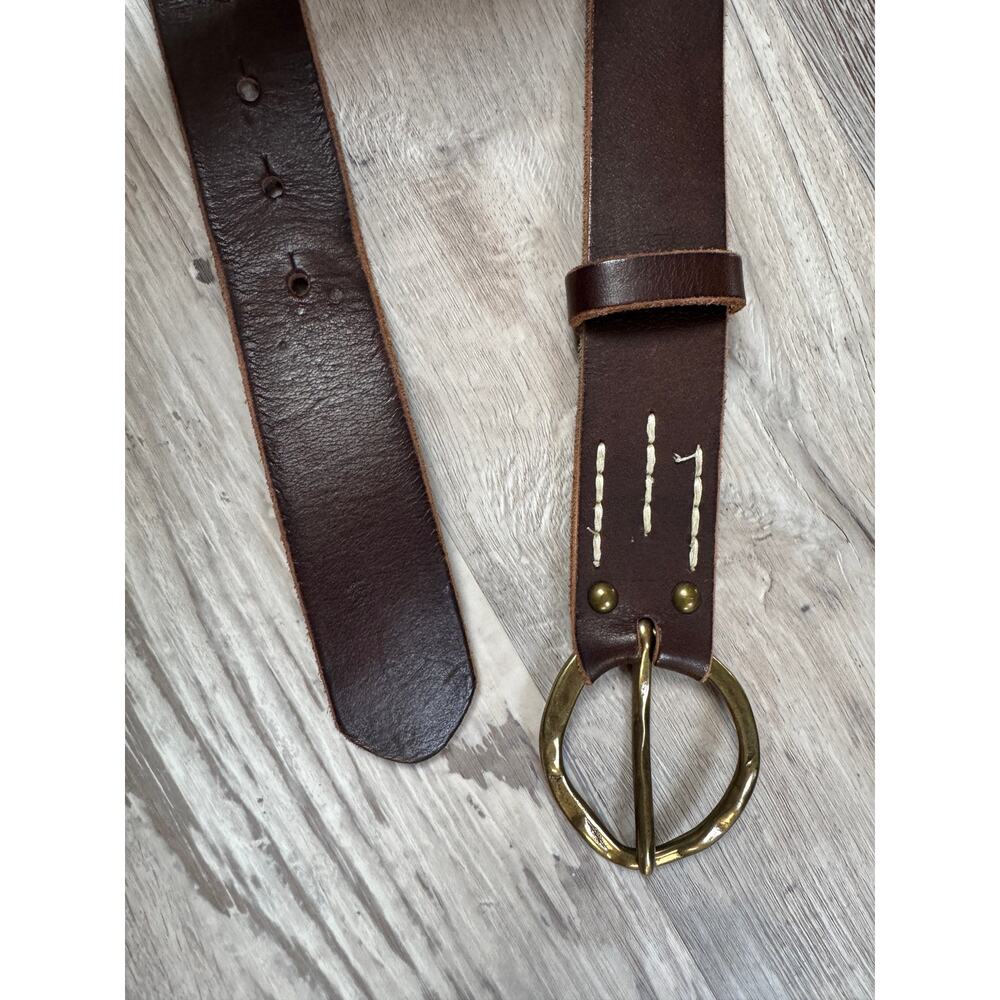 Vintage 90s Brown Leather Belt Oversized Brass Buckle Boho Western Artisan Large - Picture 2 of 5